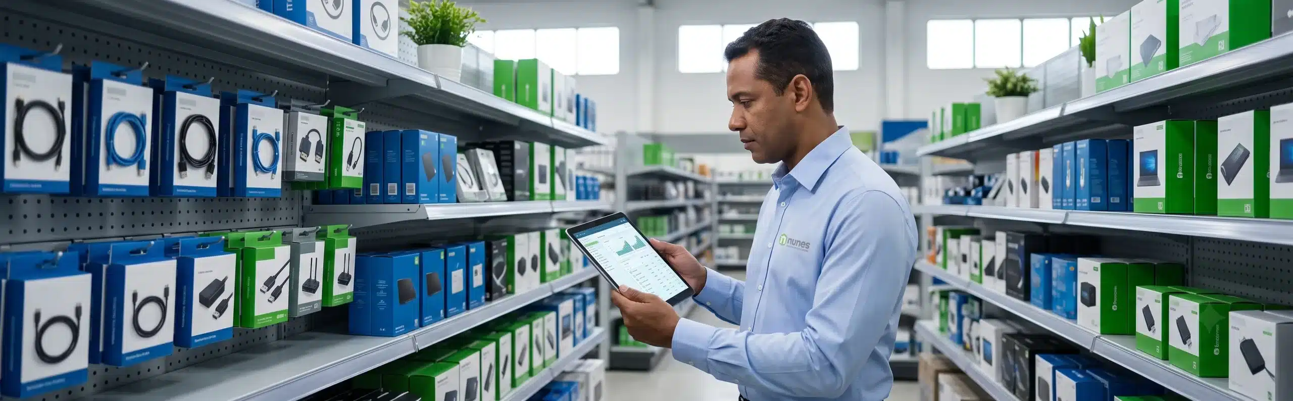 Funcion&aacute;rio conferindo estoque de loja com tablet - Nunes Consultoria Inform&aacute;tica