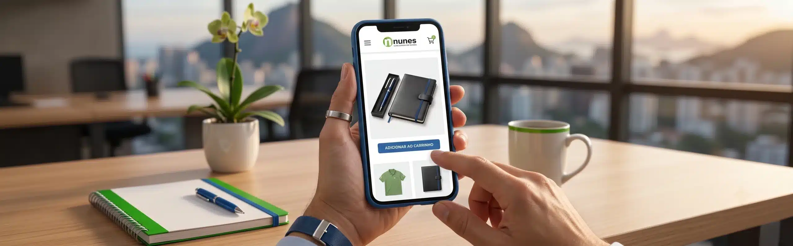 Celular exibindo loja virtual com produtos e bot&atilde;o de compra - Nunes Consultoria Inform&aacute;tica